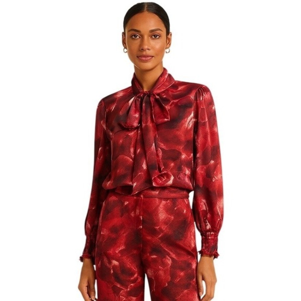 Eva Longoria Red Black Abstract Floral Tie Neck Bow Blouse Smocked Cuff S 79-46